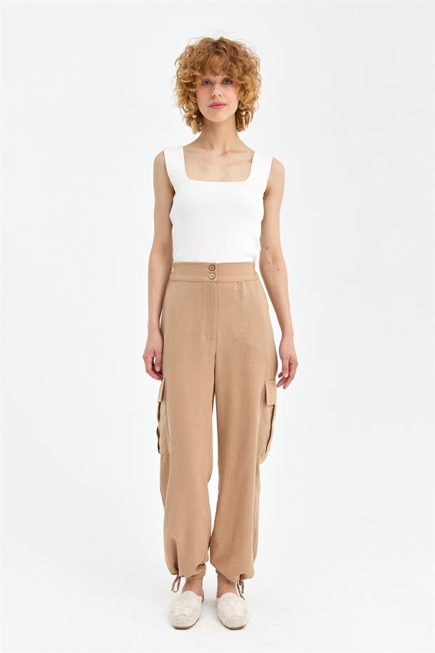 Paçası İp Detaylı Cepli Keten Pantolon-CAMEL