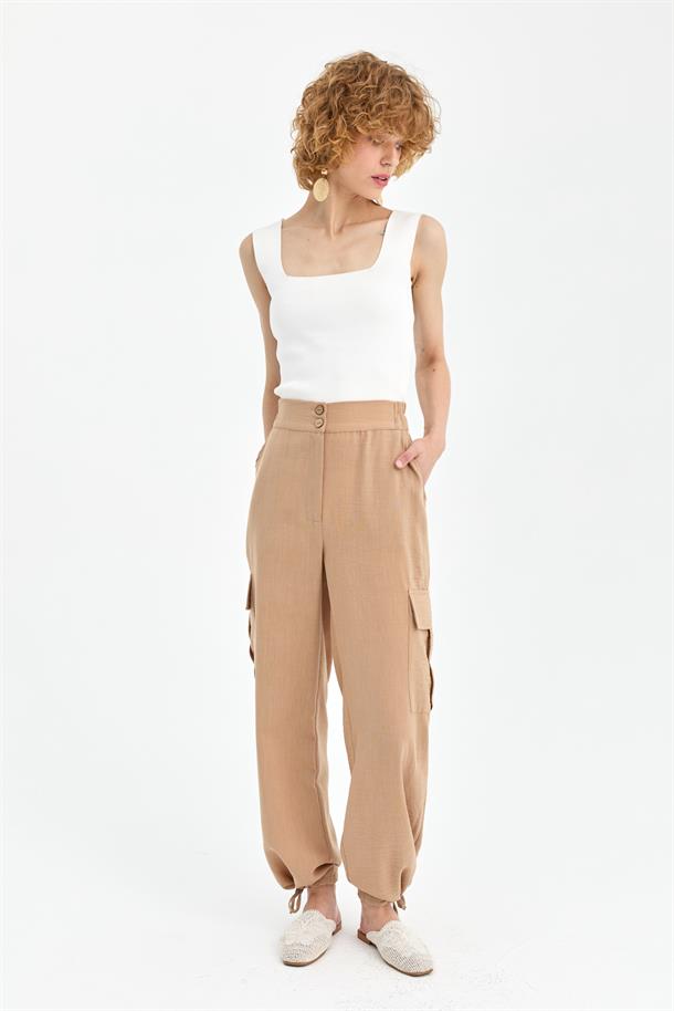 Paçası İp Detaylı Cepli Keten Pantolon-CAMEL