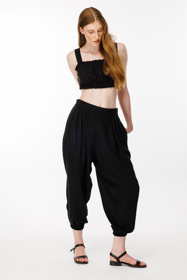 Paçası Lastikli Keten Şalvar Pantolon-SİYAH