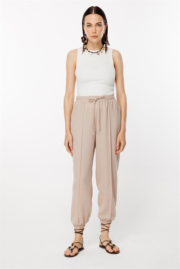 Paçası Lastikli Nervür Detaylı Keten Pantolon-TAŞ
