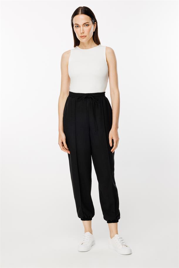 Paçası Lastikli Nervür Detaylı Keten Pantolon-SİYAH
