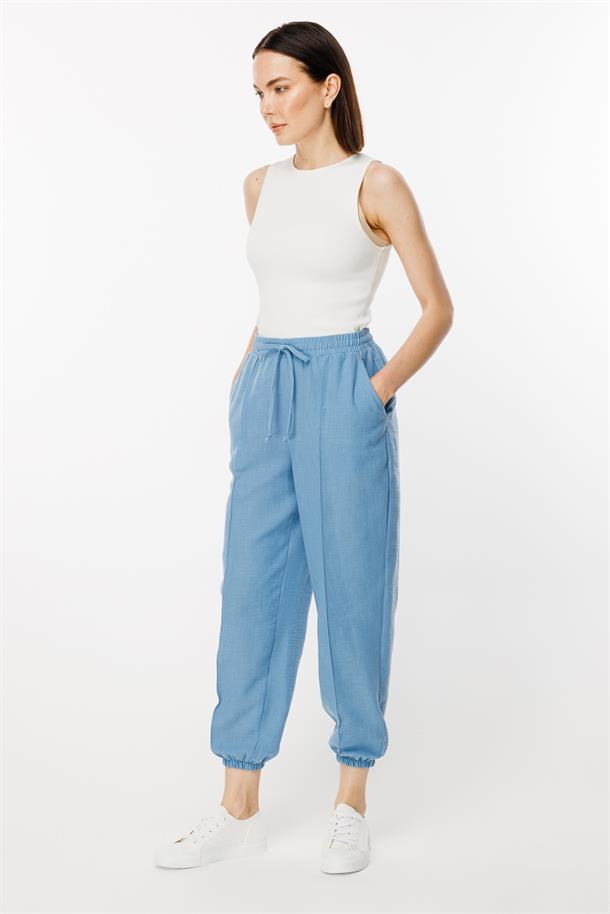 Paçası Lastikli Nervür Detaylı Keten Pantolon-MAVİ
