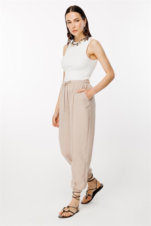 Paçası Lastikli Nervür Detaylı Keten Pantolon-TAŞ