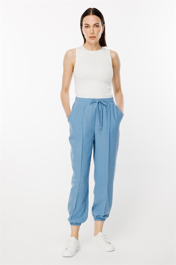 Paçası Lastikli Nervür Detaylı Keten Pantolon-MAVİ