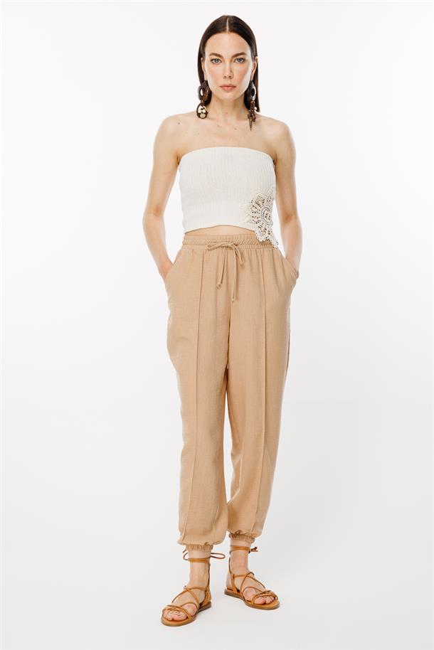 Paçası Lastikli Nervür Detaylı Keten Pantolon-CAMEL
