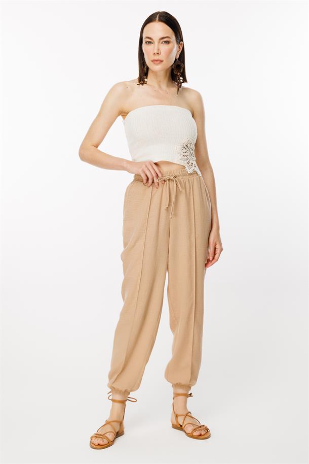 Paçası Lastikli Nervür Detaylı Keten Pantolon-CAMEL