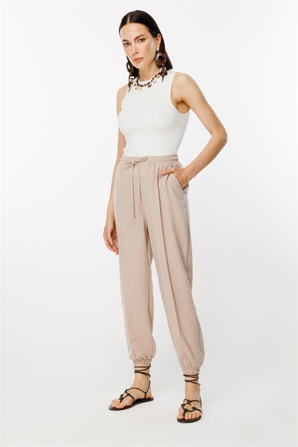 Paçası Lastikli Nervür Detaylı Keten Pantolon-TAŞ