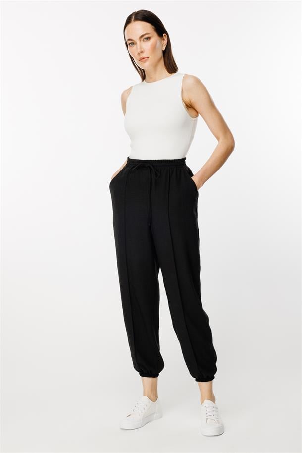 Paçası Lastikli Nervür Detaylı Keten Pantolon-SİYAH