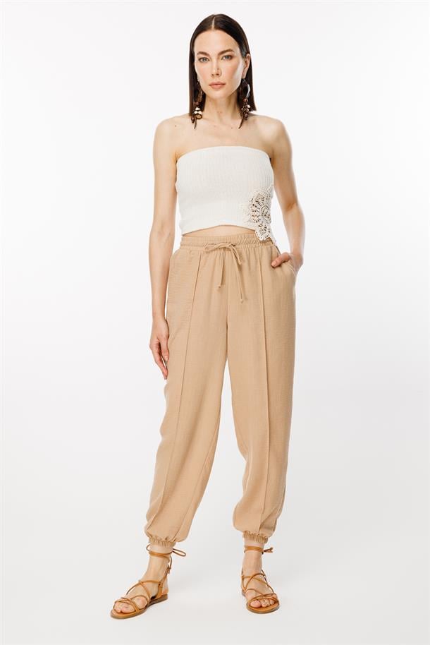 Paçası Lastikli Nervür Detaylı Keten Pantolon-CAMEL