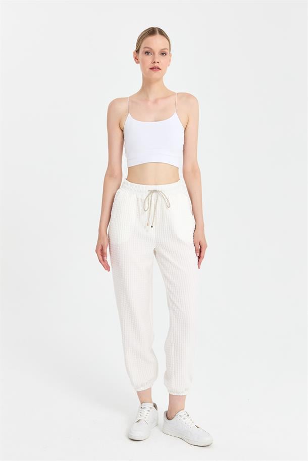 Paçası ve Beli Lastikli Dokulu Pantolon-KEMIK