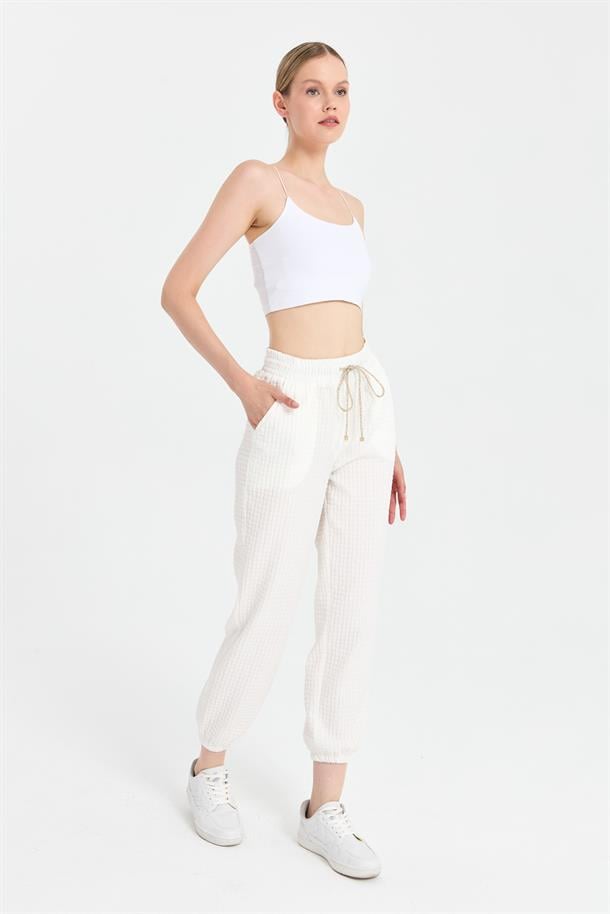 Paçası ve Beli Lastikli Dokulu Pantolon-KEMIK