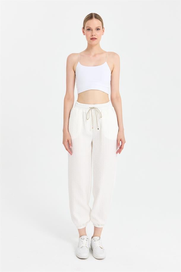 Paçası ve Beli Lastikli Dokulu Pantolon-KEMIK