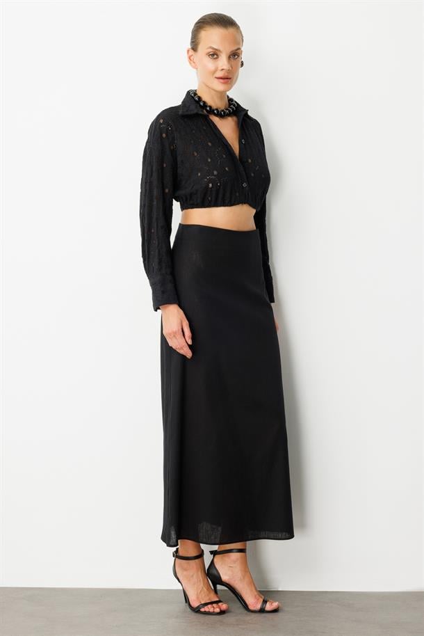 Pamuklu Keten Uzun Etek-SİYAH