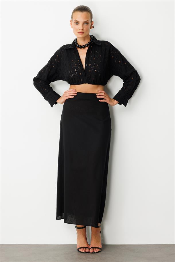 Pamuklu Keten Uzun Etek-SİYAH