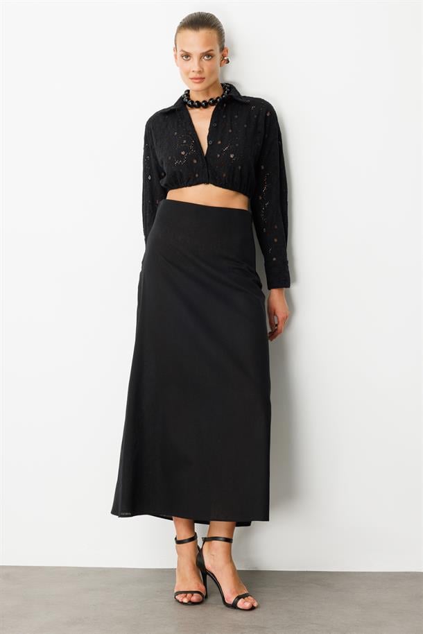 Pamuklu Keten Uzun Etek-SİYAH