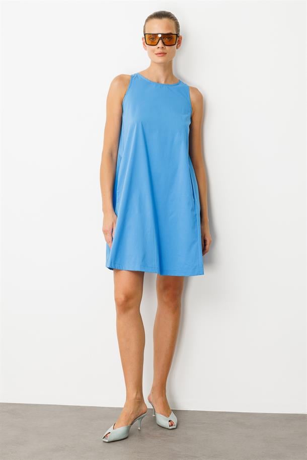 Pamuklu Rahat Kalıp Elbise-MAVİ