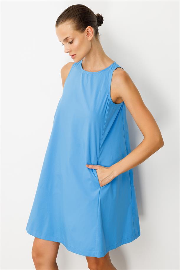 Pamuklu Rahat Kalıp Elbise-MAVİ