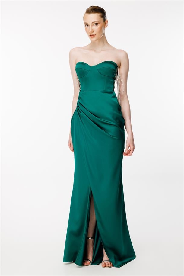 Parlak İp Detaylı Yırtmaçlı Uzun Saten Abiye-YEŞİL