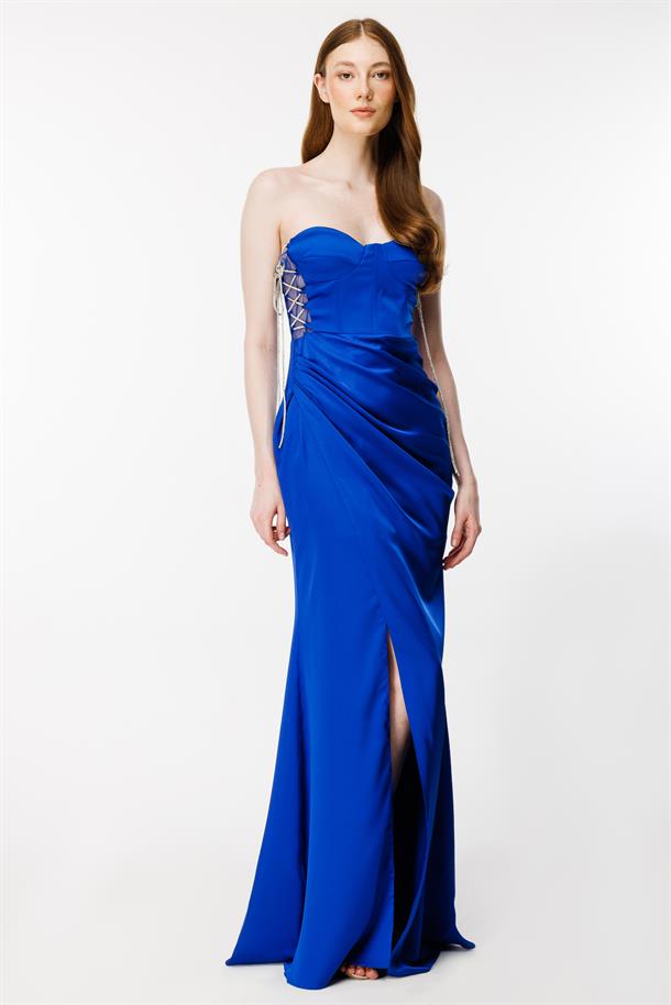 Parlak İp Detaylı Yırtmaçlı Uzun Saten Abiye-SAX