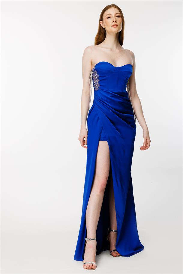 Parlak İp Detaylı Yırtmaçlı Uzun Saten Abiye-SAX