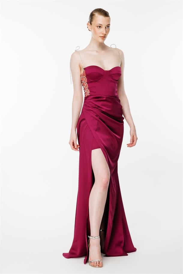 Parlak İp Detaylı Yırtmaçlı Uzun Saten Abiye-MÜRDÜM