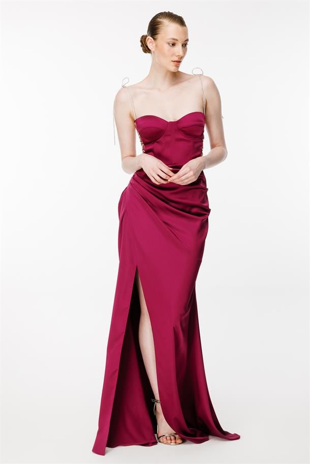 Parlak İp Detaylı Yırtmaçlı Uzun Saten Abiye-MÜRDÜM