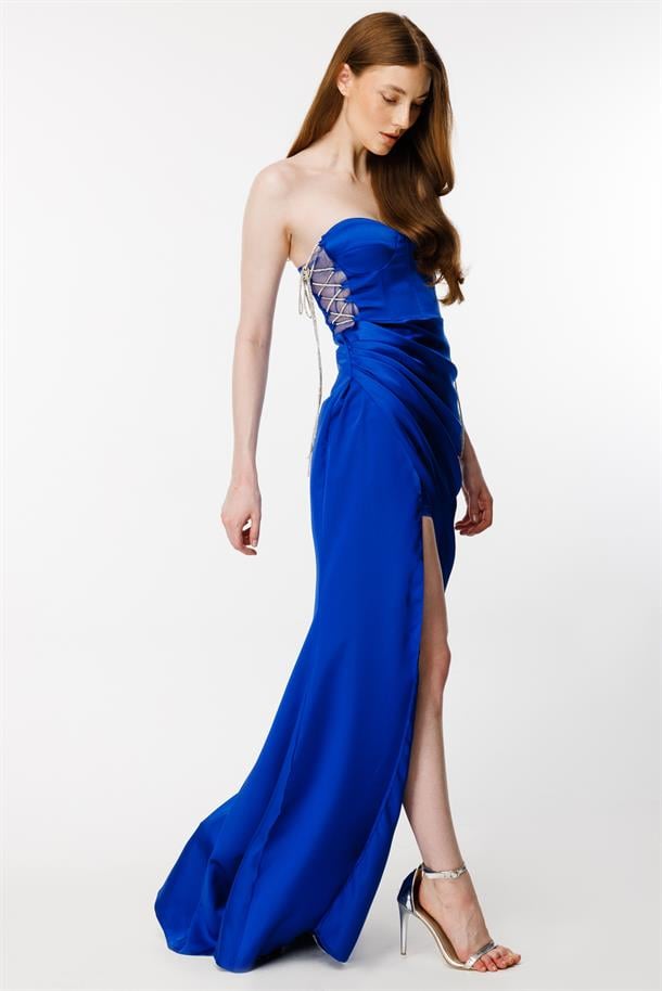 Parlak İp Detaylı Yırtmaçlı Uzun Saten Abiye-SAX