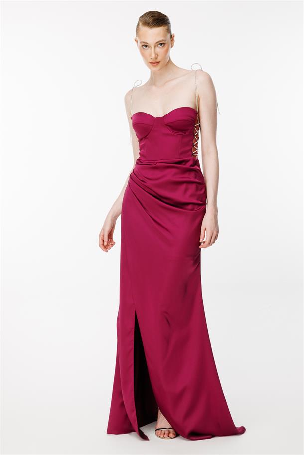 Parlak İp Detaylı Yırtmaçlı Uzun Saten Abiye-MÜRDÜM