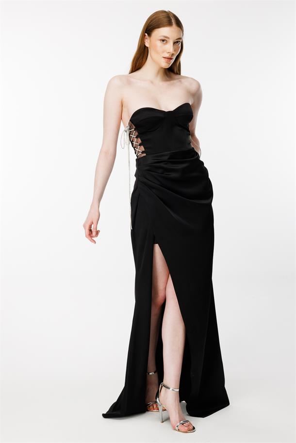 Parlak İp Detaylı Yırtmaçlı Uzun Saten Abiye-SİYAH