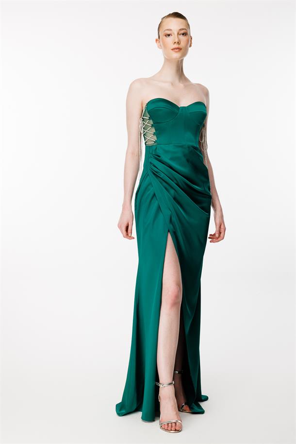 Parlak İp Detaylı Yırtmaçlı Uzun Saten Abiye-YEŞİL