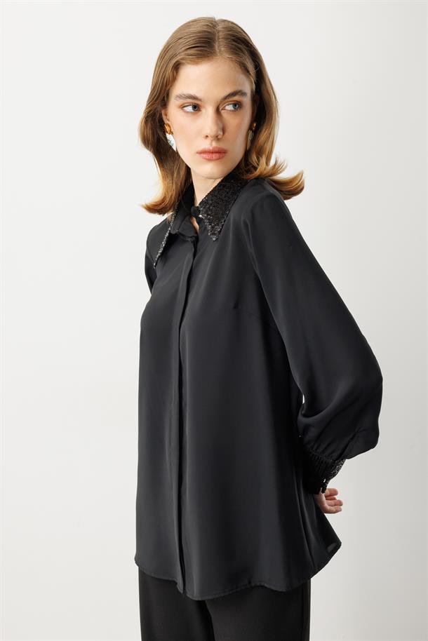 Payet Detaylı Gömlek-SİYAH