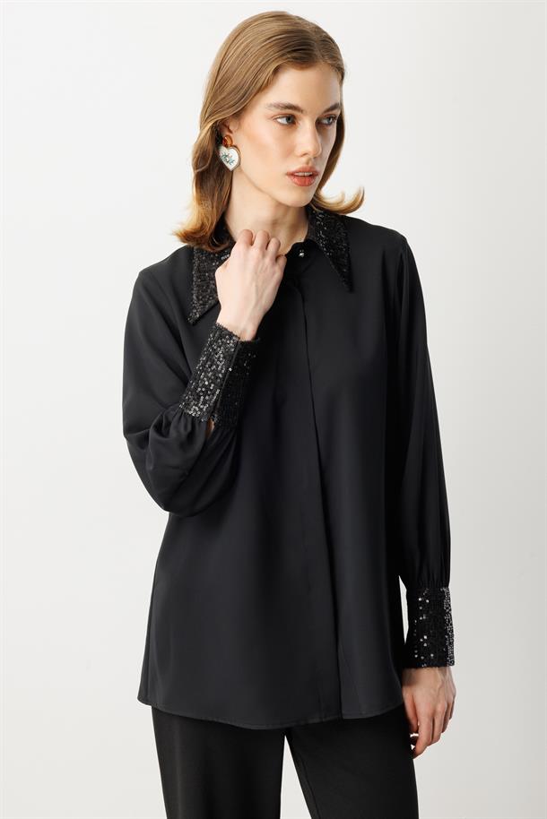 Payet Detaylı Gömlek-SİYAH