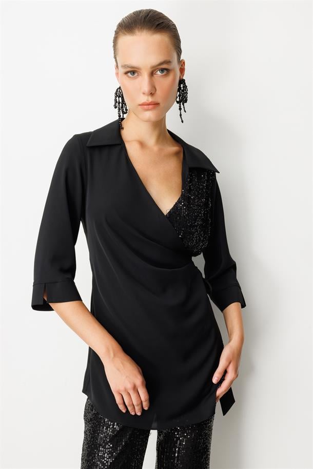 Payet Detaylı Truvakar Kollu Tunik-SİYAH
