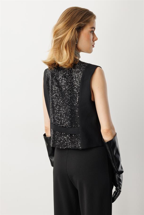 Payet İşlemeli Krep Yelek-SİYAH