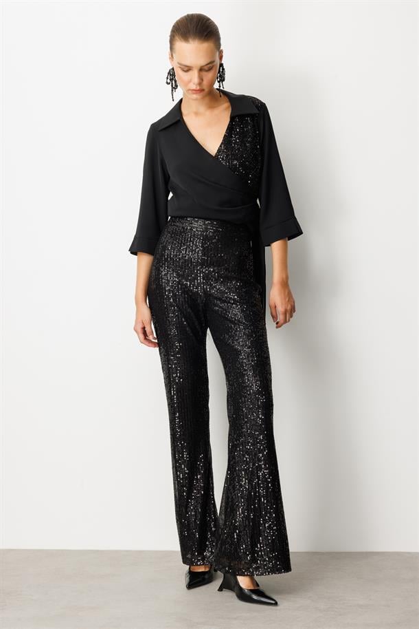 Payetli Bol Paça Pantolon-SİYAH