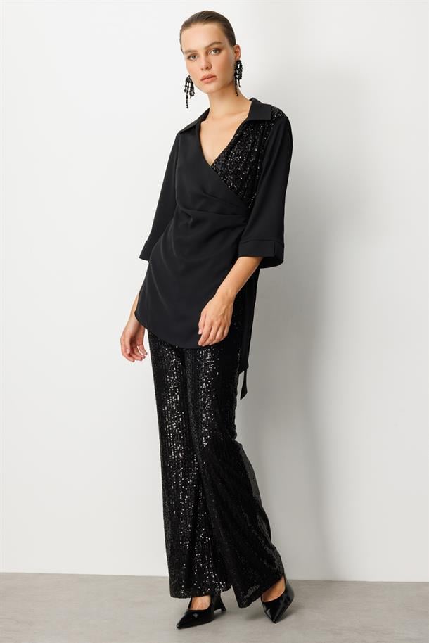 Payetli Bol Paça Pantolon-SİYAH