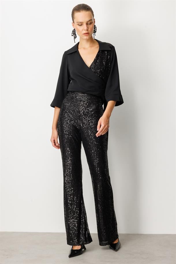 Payetli Bol Paça Pantolon-SİYAH
