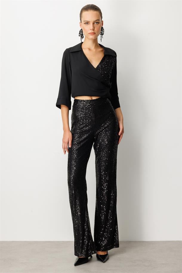 Payetli Bol Paça Pantolon-SİYAH