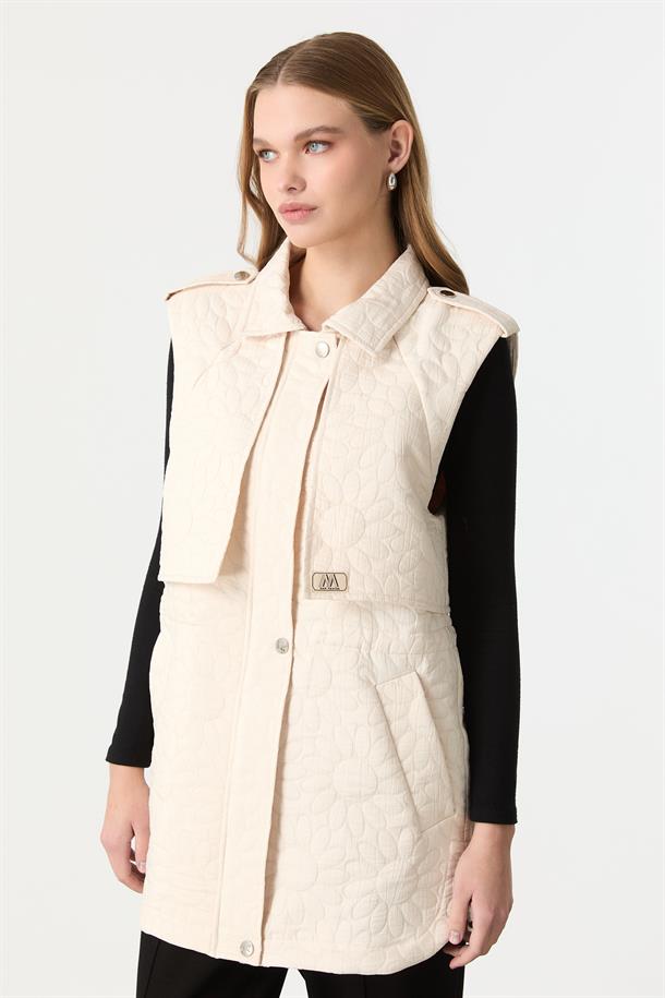 Pelerin Detaylı Kapitone Yelek-KREM