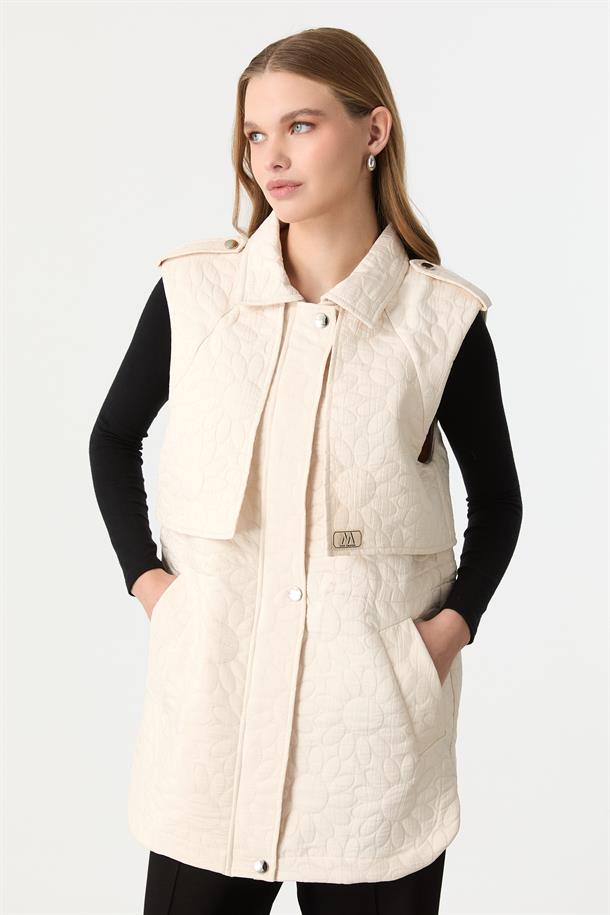 Pelerin Detaylı Kapitone Yelek-KREM