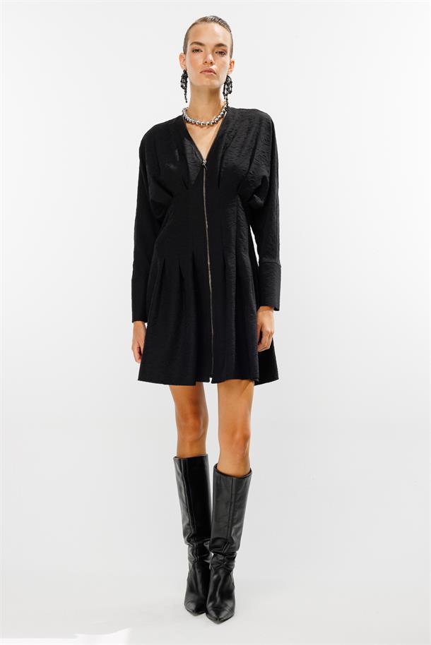 Pensli Fermuarlı Elbise-SİYAH