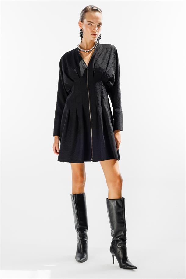 Pensli Fermuarlı Elbise-SİYAH