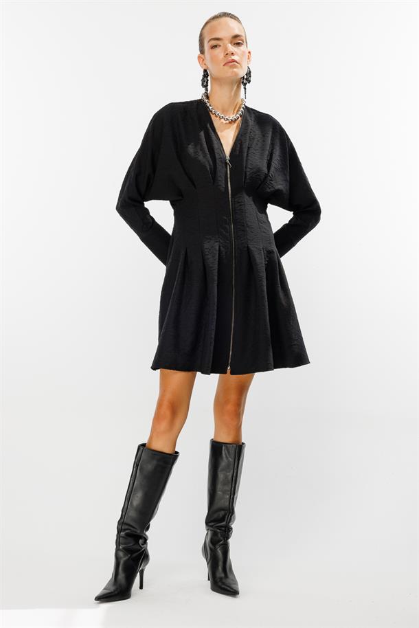 Pensli Fermuarlı Elbise-SİYAH