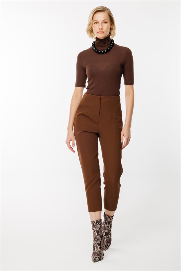 Pensli Yüksek Bel Pantolon-KAHVE