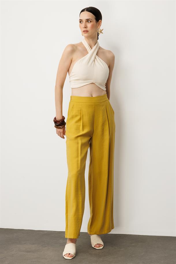 Pile Detaylı Pantolon-SAFRAN