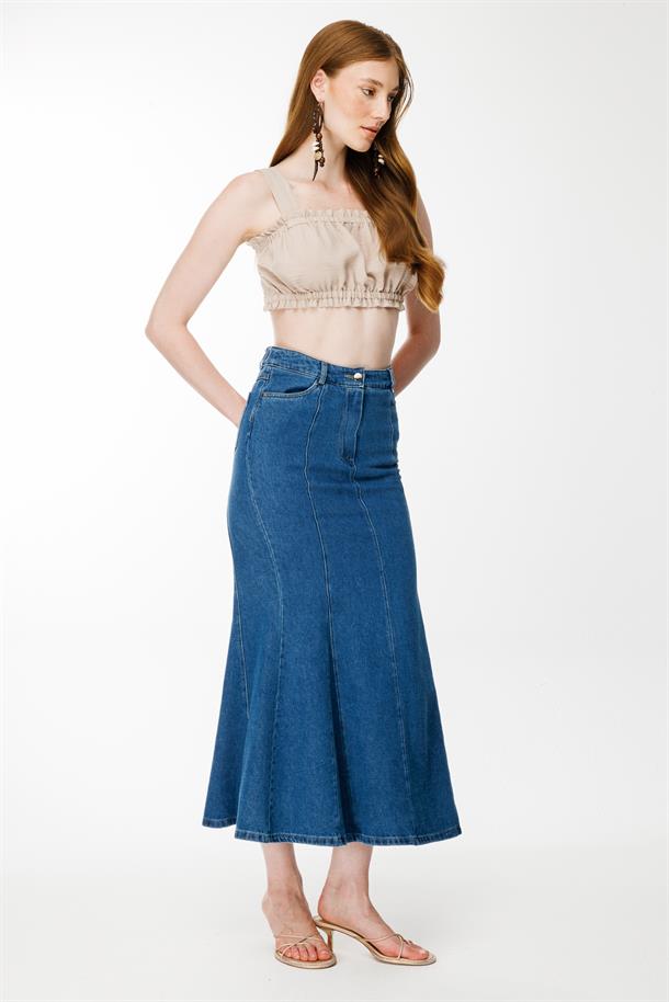 Pile Görünümlü Kot Etek-LACI