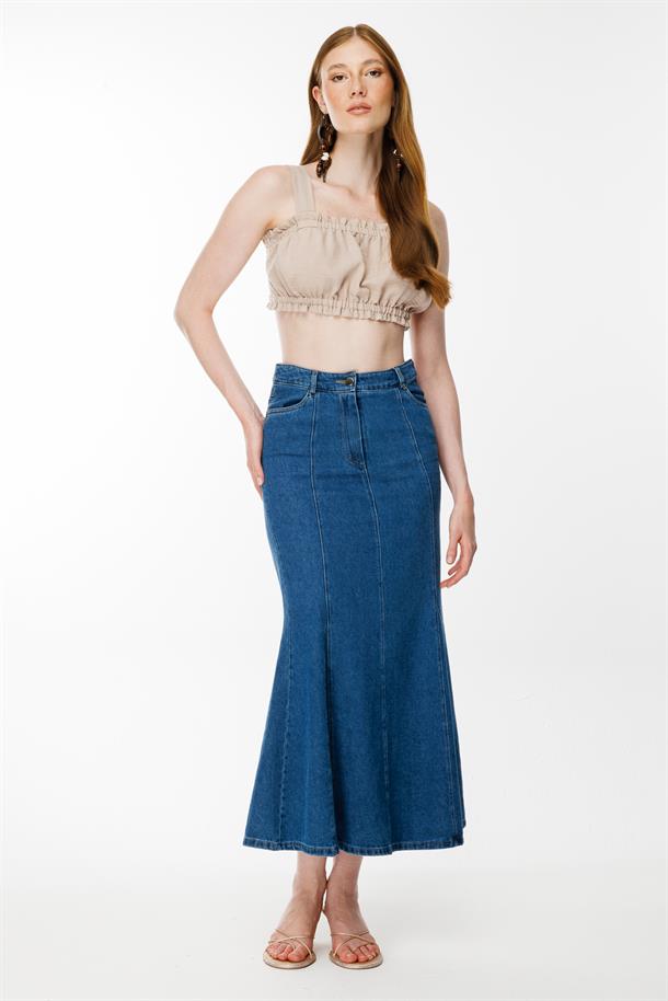 Pile Görünümlü Kot Etek-LACI