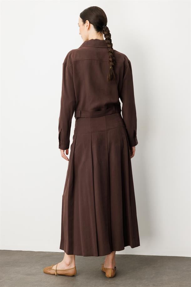 Pileli Kuşaklı Uzun Etek-KAHVE