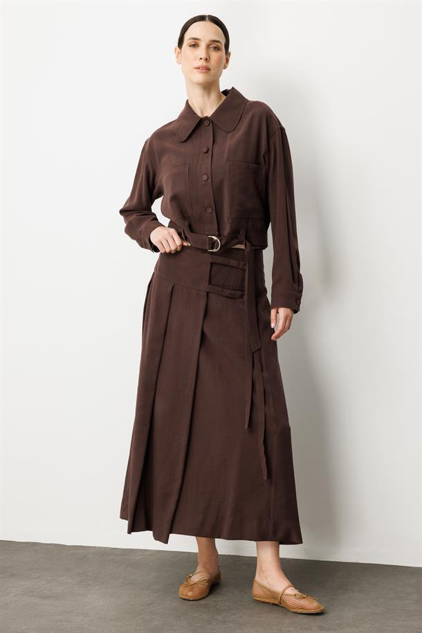 Pileli Kuşaklı Uzun Etek-KAHVE