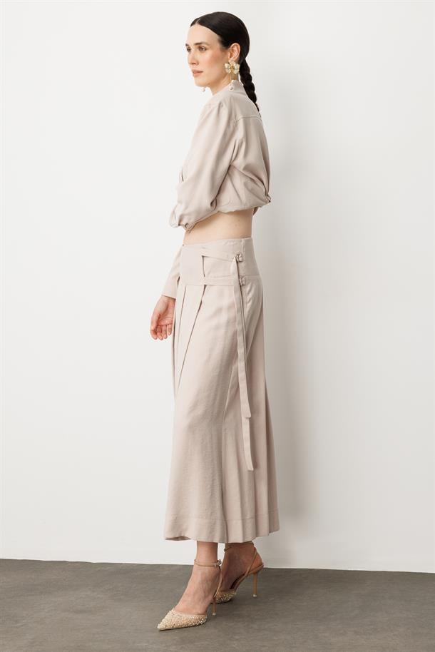 Pileli Kuşaklı Uzun Etek-TAŞ